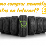 Comprar neumáticos baratos. Neumáticos puestos en fila sobre un fondo blanco. Por encima, con letras amarillas añadidas con un programa de edición, el texto "¿Cómo comprar neumáticos baratos en Internet?".