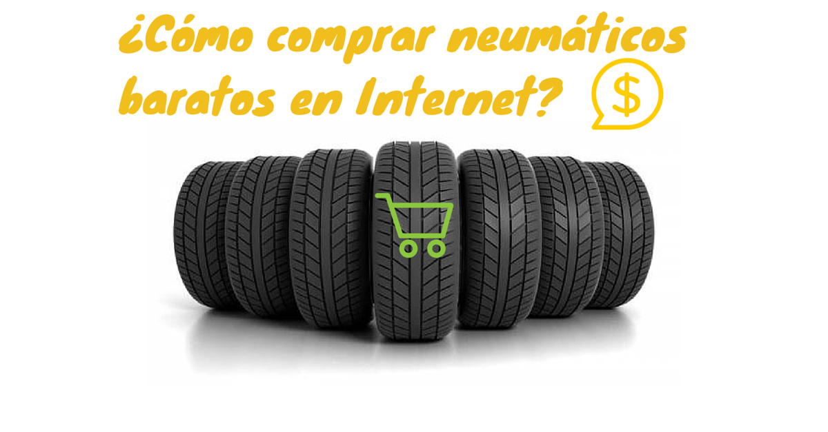 Comprar neumáticos baratos. Neumáticos puestos en fila sobre un fondo blanco. Por encima, con letras amarillas añadidas con un programa de edición, el texto "¿Cómo comprar neumáticos baratos en Internet?".